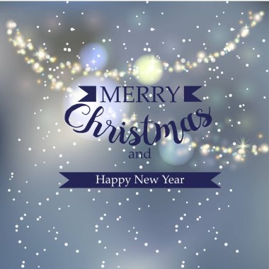 Güzel kış tebrik afiş, Mutlu Noeller ve Bulanık arka plan ile Happy New Year, Parlayan çelenk ve bokeh etkisi.