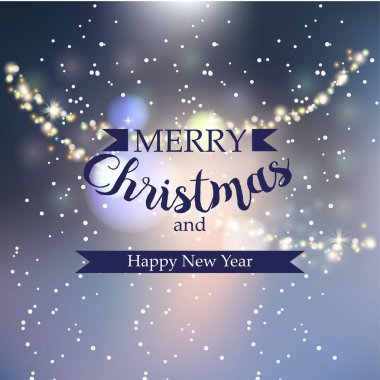 Güzel kış tebrik afiş, Mutlu Noeller ve Bulanık arka plan ile Happy New Year, Parlayan çelenk ve bokeh etkisi.