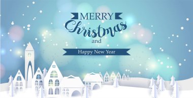 Neşeli Noel ve mutlu yeni yıl tebrik kartı kış evleri ile kağıt. Kış kağıt manzara. vektör çizim kağıt sanat ve el sanatları tarzı.