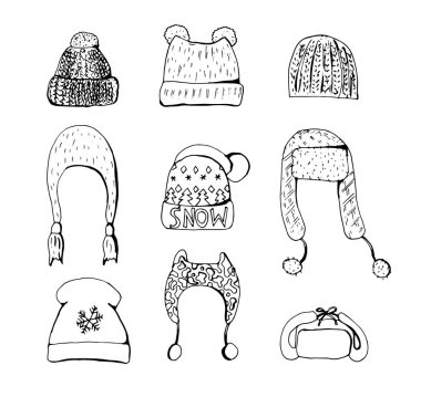 elle çizilmiş şapkalar ile doodle seti. Soğuk mevsim için farklı şapka formları. Kışlık şapkalar.
