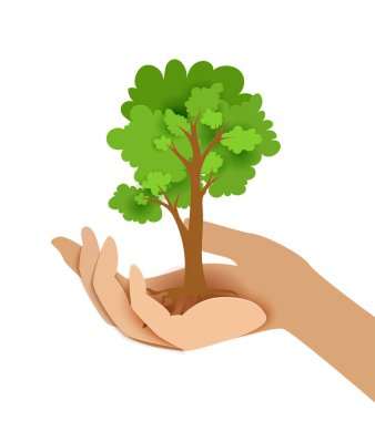 kağıt kesme tarzı, kadın el bir ağaç tutar. Ekoloji kavramı fikri için doğayı ve endişeyi kurtarın.