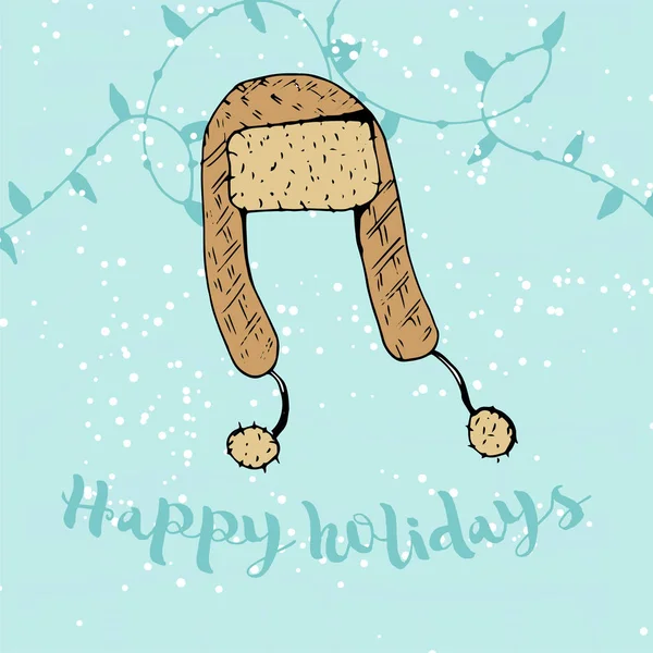 Cartão de inverno bonito com chapéu desenhado à mão doodle, inscrição Boas festas. Vetor — Vetor de Stock