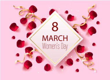 8 Mart, kadınlar günü güzel bir illüstrasyon. Hediye çeki Gerçekçi gül yapraklarıyla dolu kadınlar günü.