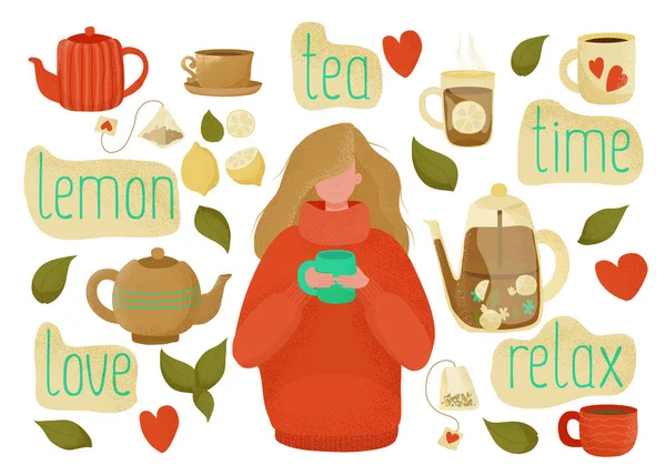 Set da tè amore con elementi da bere tè tazze, teiere, bustina di tè, limoni e una ragazza con una tazza di tè. Illustrazione piatta a colori disegnata a mano vettoriale in stile cartone animato con texture rumorosa . — Vettoriale Stock