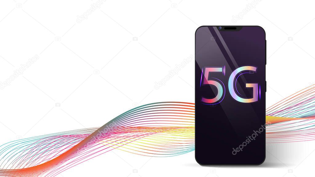 5g technology. Black smartphone with the inscription 5g, the work of the neural network, high speed of the Internet.