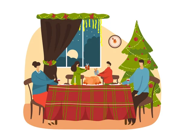 Illustrazione natalizia, famiglia dietro il tavolo festivo con tacchino e candele accanto all'albero di Natale mamma e papà bevono vino, i bambini si fanno regali. — Vettoriale Stock