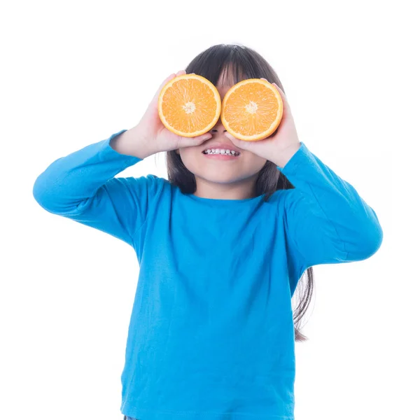 Niña Jugando Con Frutas Frescas Mandarina — Foto de Stock