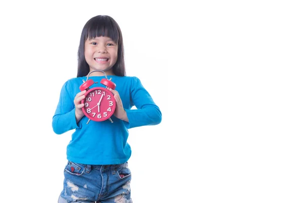 Liten Flicka Håller Små Väckarklocka Isolerade Över Vita — Stockfoto