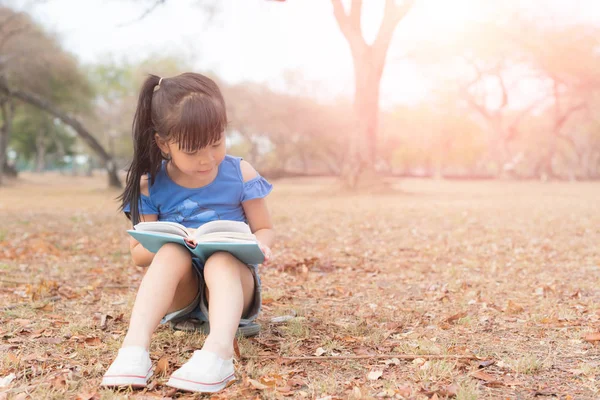 Little girl reading a book under tree