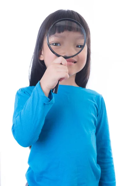 Little Girl Child Looking Magnifying Glass White Background — Stock Photo, Image