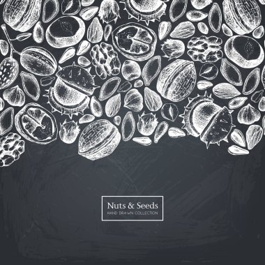 Hand drawn poster with different kinds of nuts and seeds on black background clipart