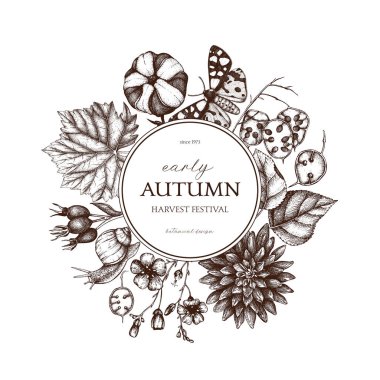 Tek renkli el çekilmiş poster sonbaharda hasat festivali için 