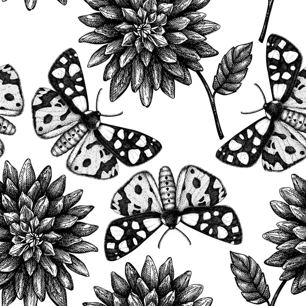 Seamless Pattern Chrysanthemums Butterflies White Background — Stock Vector