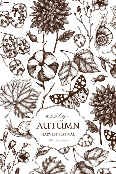 Monochrome Hand Drawn Poster Autumn Harvest Festival — Stock Vector