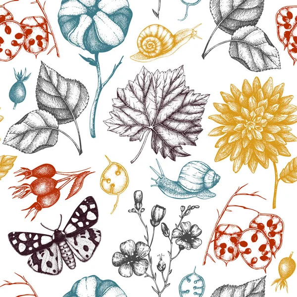 Seamless Pattern Autumn Plants Snails White Background — Stock Vector