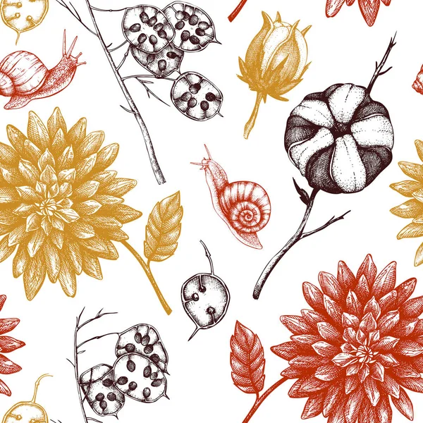 Seamless Pattern Autumn Plants Snails White Background — Stock Vector