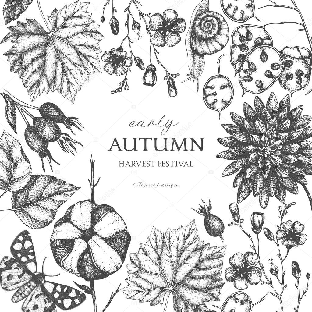 Monochrome hand drawn poster for autumn harvest festival 