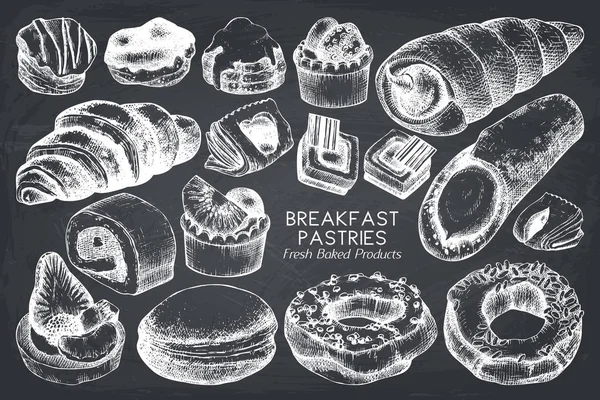 Café Manhã Pastries Design Estilo Quadro Negro Ilustração Vetorial — Vetor de Stock