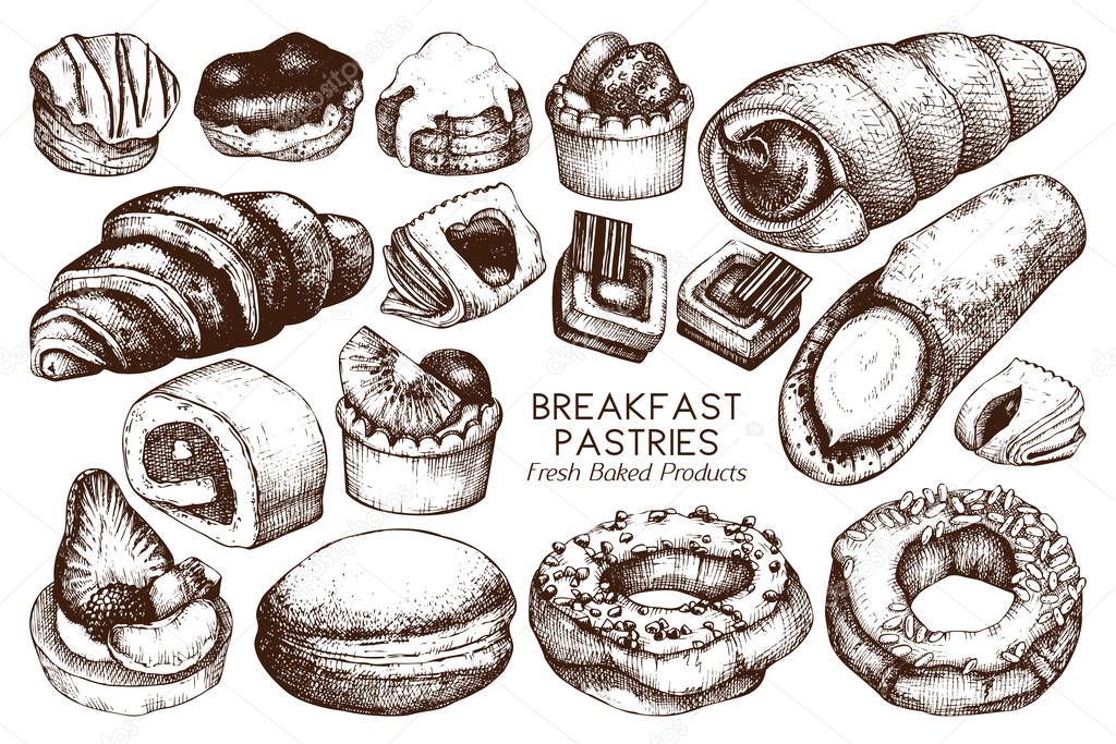 Seamless pattern with ink hand drawn Italian desserts sketch. Vintage background. Vector cakes, tarts and pies illustration for bakery design.