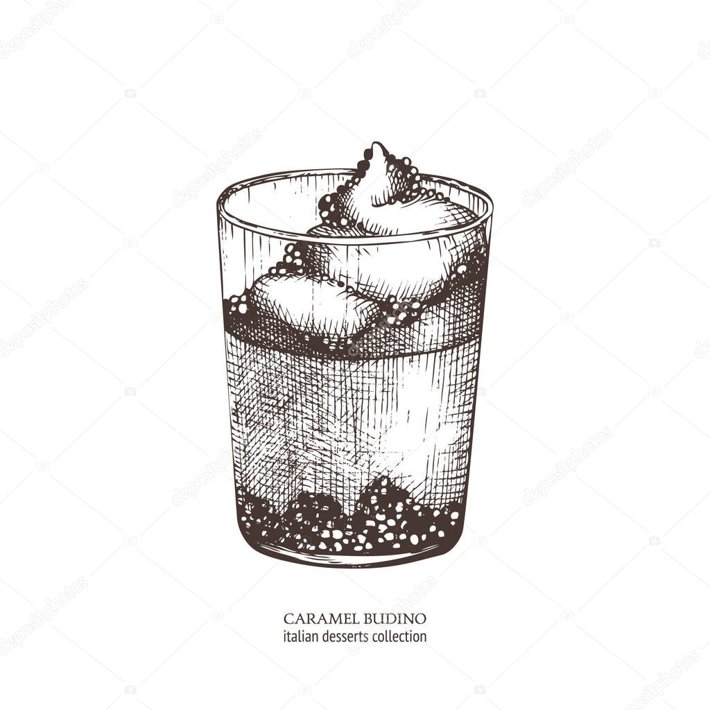 caramel budino in glass, vector illustration