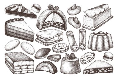 Mürekkep elle çizilmiş İtalyan tatlılar kroki ile Seamless modeli. Antika arka plan. Vektör pastalar, tarts ve illüstrasyon fırın tasarımı için köfte.