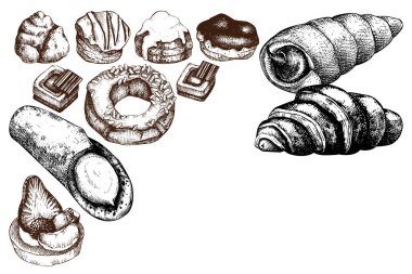 Mürekkep elle çizilmiş İtalyan tatlılar kroki ile Seamless modeli. Antika arka plan. Vektör pastalar, tarts ve illüstrasyon fırın tasarımı için köfte.