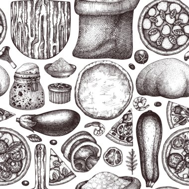 Pizza malzemeleri model, retro tarzı, grafik tasarım, vektör çizim