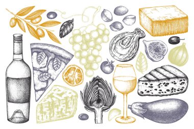 Vintage Şarap ve peynir ayarlayın. Vektör çizim. Elle çizilmiş alkollü içki kroki beyaz arka plan üzerinde.