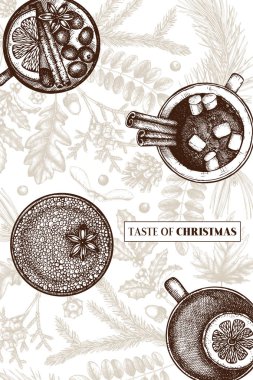 Kış içecekler illüstrasyon vektör tasarım el ile çizilmiş. Vintage içecekler arka plan kroki. Retro şablonu. Restoran veya Cafe menü şablonu.