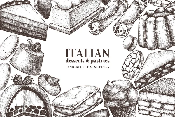 Quadro Desenho Sobremesas Italianas Desenhadas Mão Fundo Vintage Bolos Vetoriais — Vetor de Stock