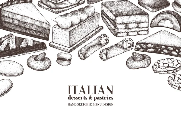 Seamless Pattern Ink Hand Drawn Italian Desserts Sketch Vintage Background — Stock Vector