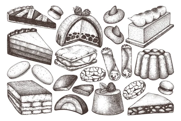 インクの手描きのイタリアのデザートのスケッチとのシームレスなパターン ヴィンテージ背景 ベクトルのケーキ タルト パン屋さんの設計図 — ストックベクタ