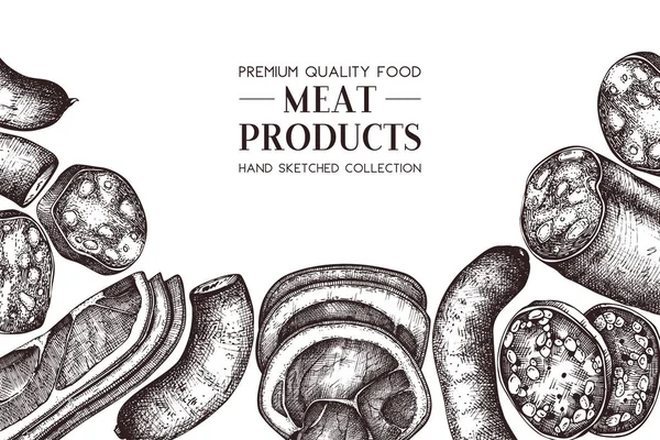 Ilustración Alimentos Dibujados Mano Productos Cárnicos — Archivo Imágenes Vectoriales