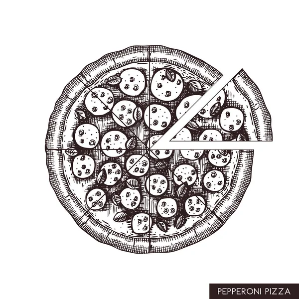 Pepperoni Pizza Kroki Vektör Çizim — Stok Vektör