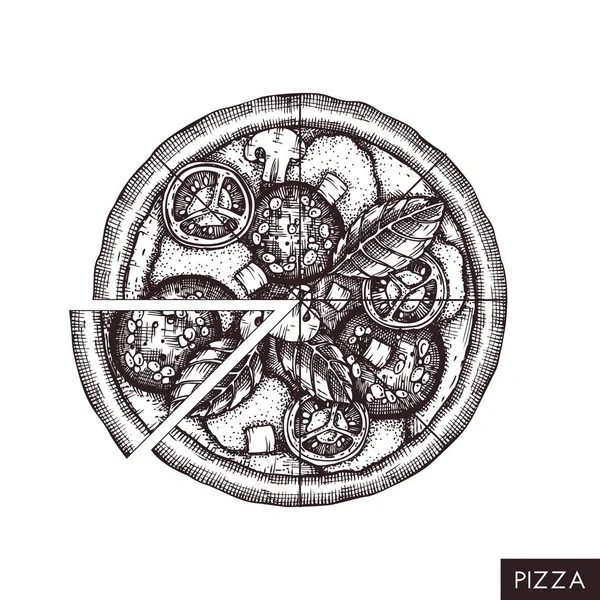 Pizza Dengan Tomat Dan Jamur Gambar Tangan Sketsa Gambar Vektor - Stok Vektor