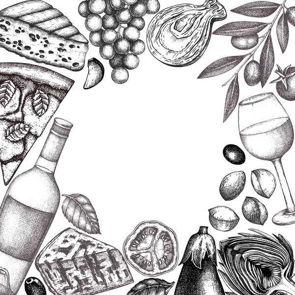 葡萄酒和奶酪套装 向量例证 手绘酒精饮料素描元素形状为圆形框架 — 图库矢量图片