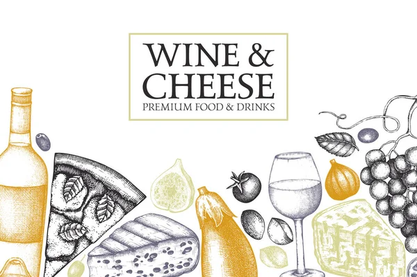 Vintage Şarap Peynir Ayarlayın Vektör Çizim Elle Çizilmiş Alkollü Içki — Stok Vektör