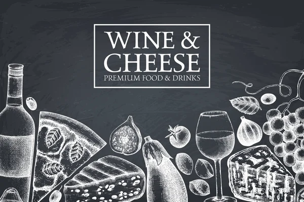 Vintage Şarap Peynir Ayarlayın Vektör Çizim Elle Çizilmiş Alkollü Içki — Stok Vektör