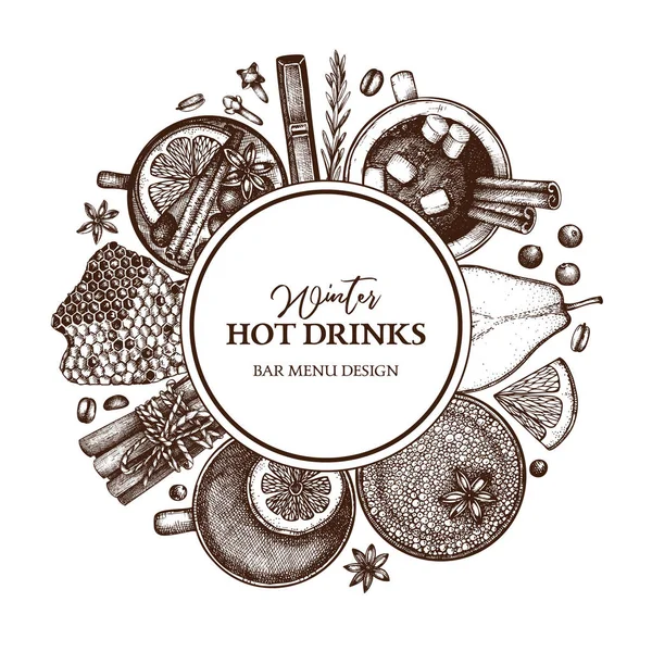 Projeto Vetorial Com Ilustração Bebidas Inverno Desenhadas Mão Bebidas Vintage —  Vetores de Stock