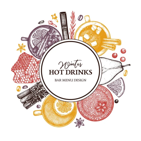Projeto Vetorial Com Ilustração Bebidas Inverno Desenhadas Mão Bebidas Vintage — Vetor de Stock