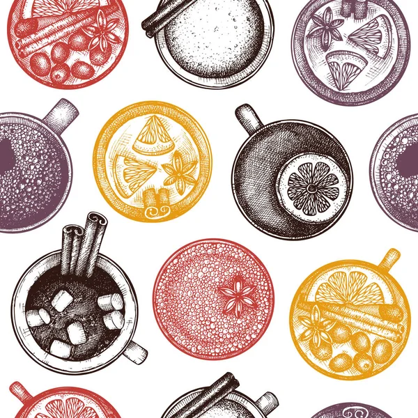 矢量设计与手绘冬季饮料例证 葡萄酒饮料素描背景 复古模板 餐厅或咖啡厅菜单模板 — 图库矢量图片
