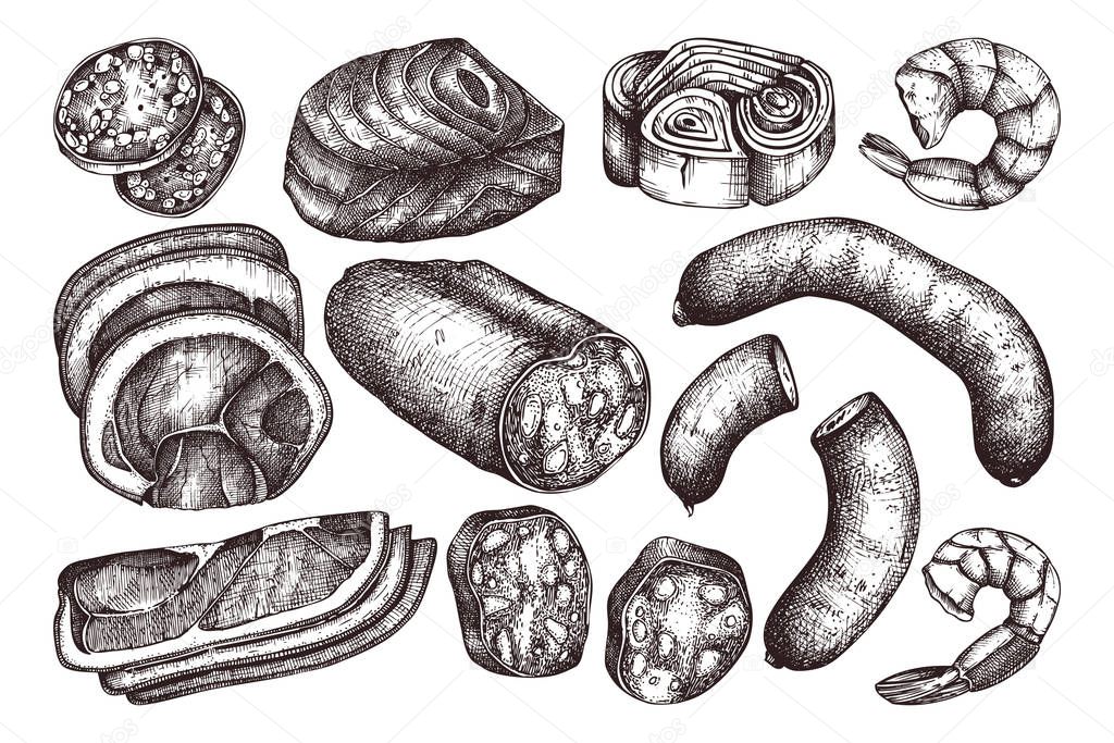  hand drawn food illustration.Meat products 