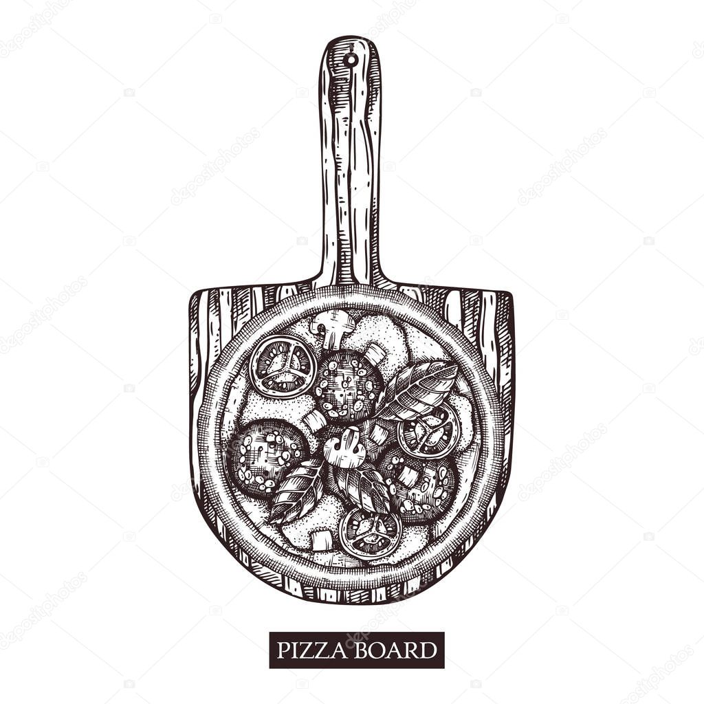 pizza on wooden board, vector illustration