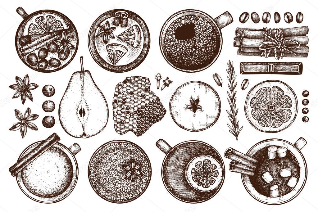 Vector design with hand drawn winter drinks illustration. Vintage beverages sketch background. Retro template. Restaurant or cafe menu template.