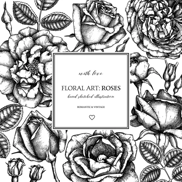 Carte Voeux Avec Roses Dessinées Main Sur Fond Blanc — Image vectorielle