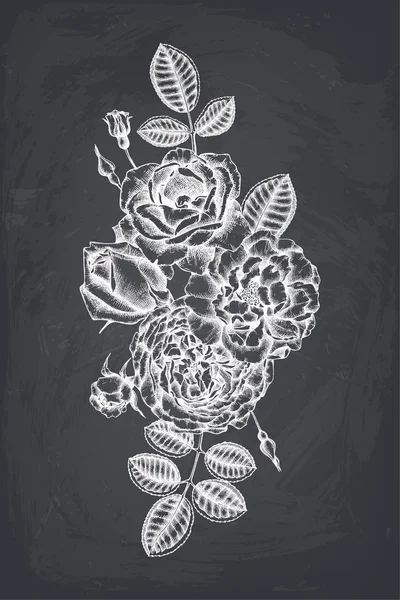 黒の背景に装飾的な白いバラで黒花グラフィック背景 — ストックベクタ