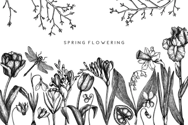 Handgetekende lentebloemen — Stockvector