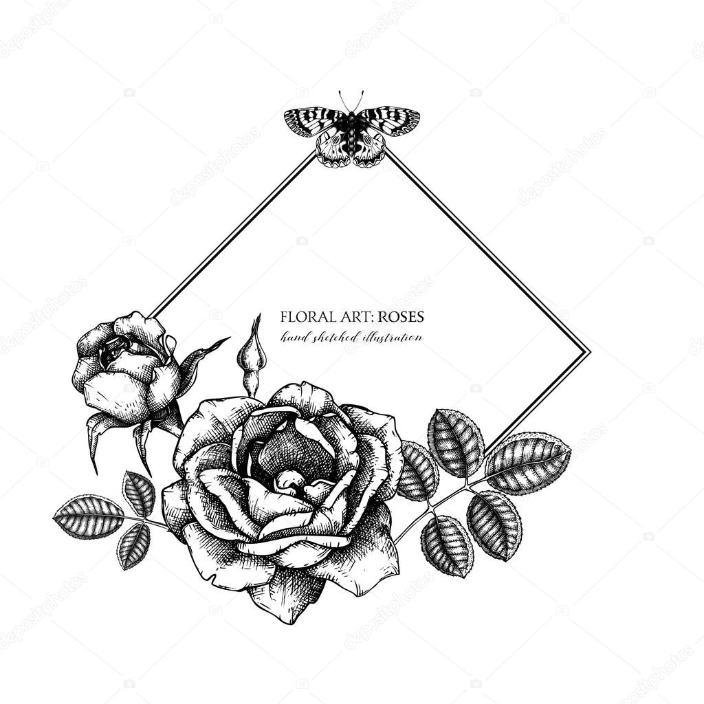 Vector greeting card with hand drawn roses against white background