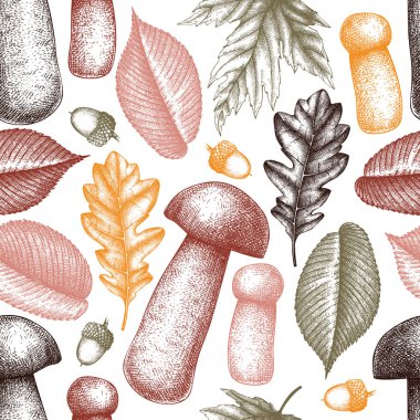 Yaprak ve mantar ile Sonbahar orman dikişsiz desen