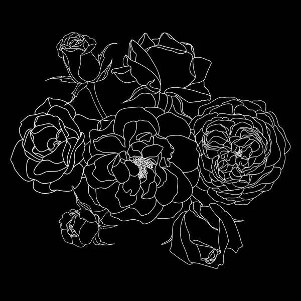 Trendy çiçek tasarımı. Siyah arka plan üzerinde beyaz güller. 